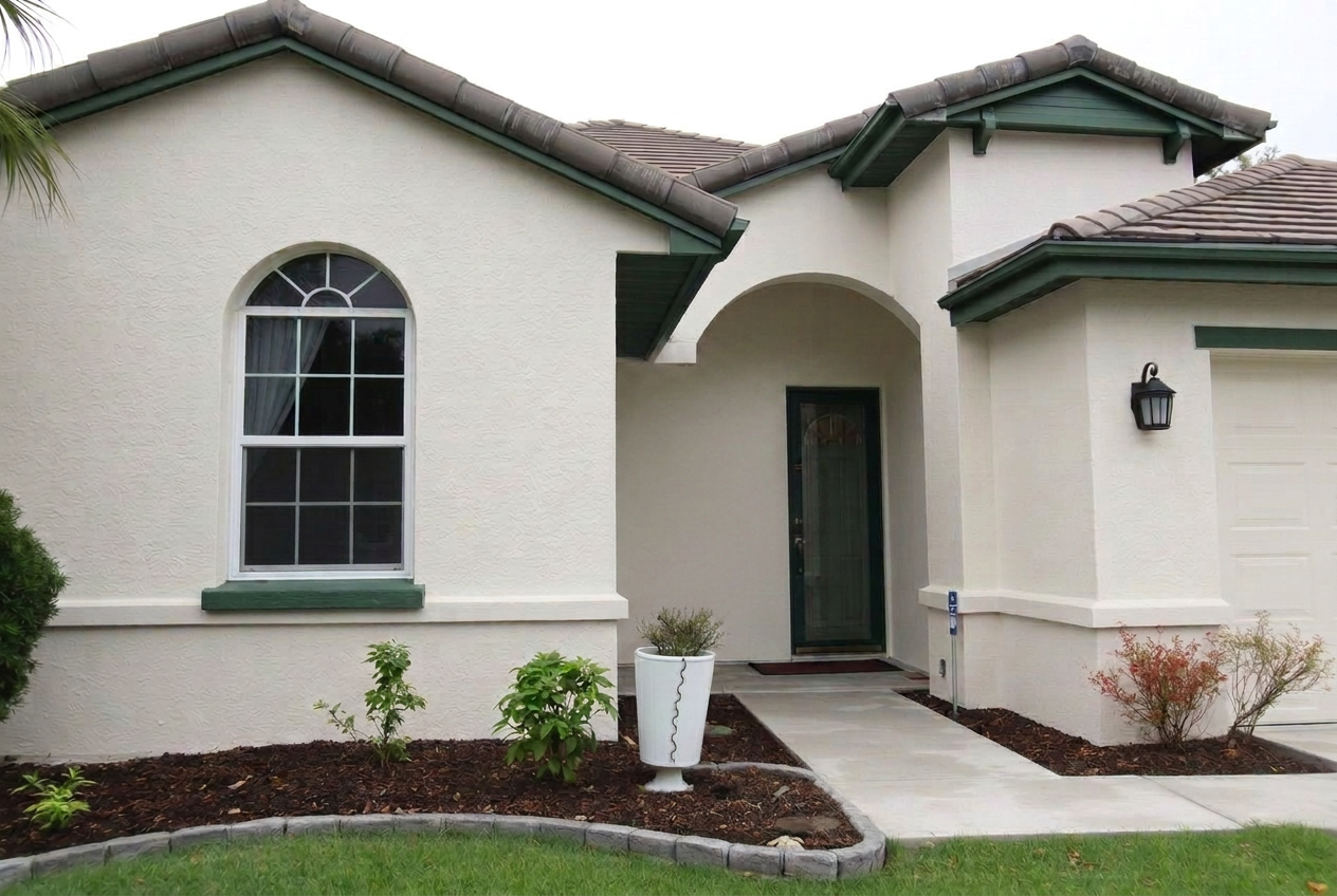 Freshly painted exterior of a Kissimmee home in warm white with pine green trim